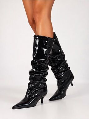 Azalea Wang Zylla Black Slouch Wedge Knee-High Boots NIB